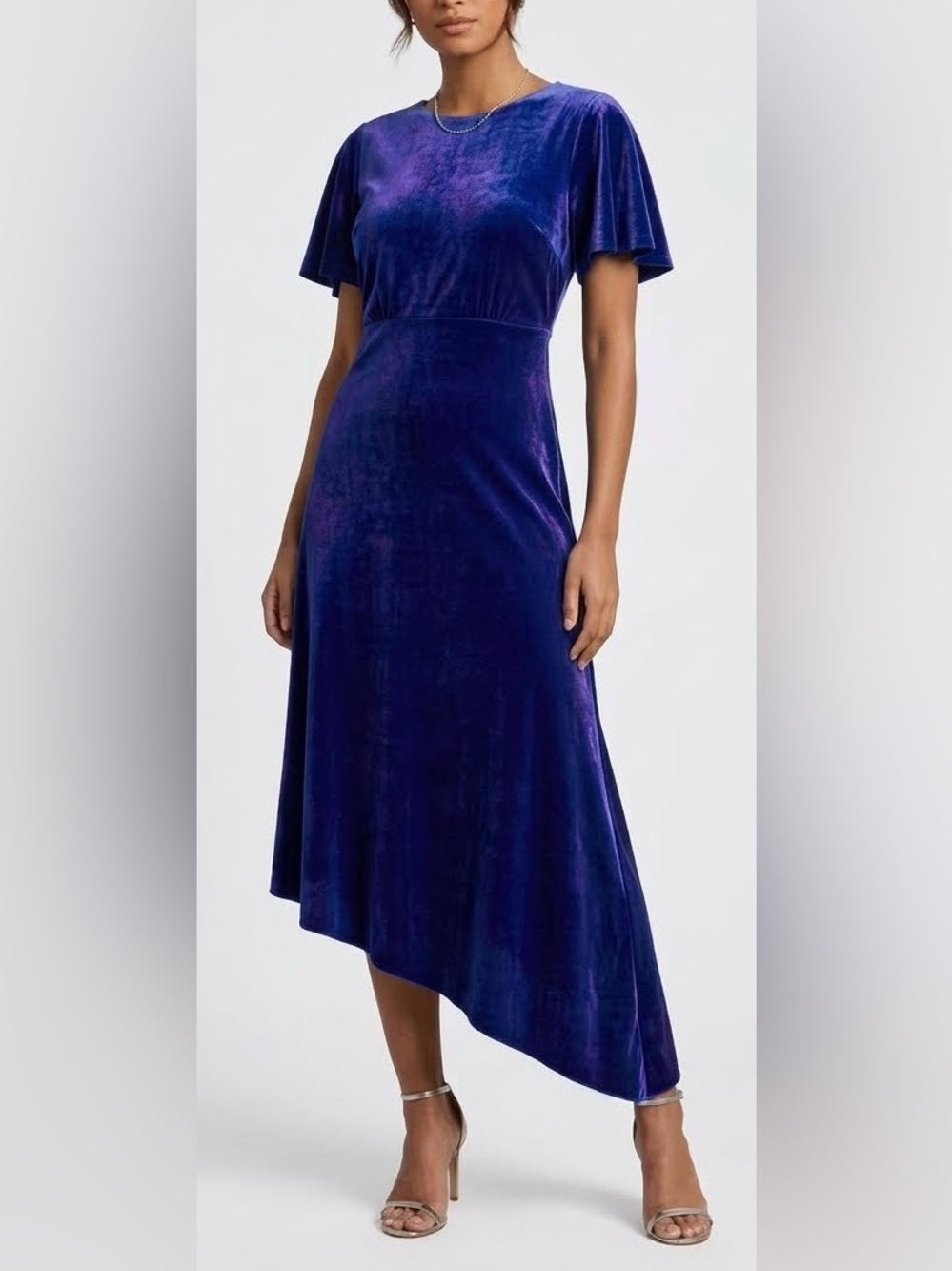 $1295 NWT St. John Velvet Asymmetrical Midi Dress Lazuli Blue Violet Sz 10